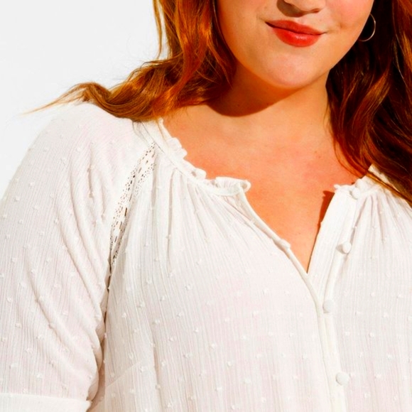 ❤️NWT VINTAGE TORRID TOP WASHABLE GAUZE LACE INSET BUTTON DOWN BLOUSON SLEEVE - Picture 7 of 14